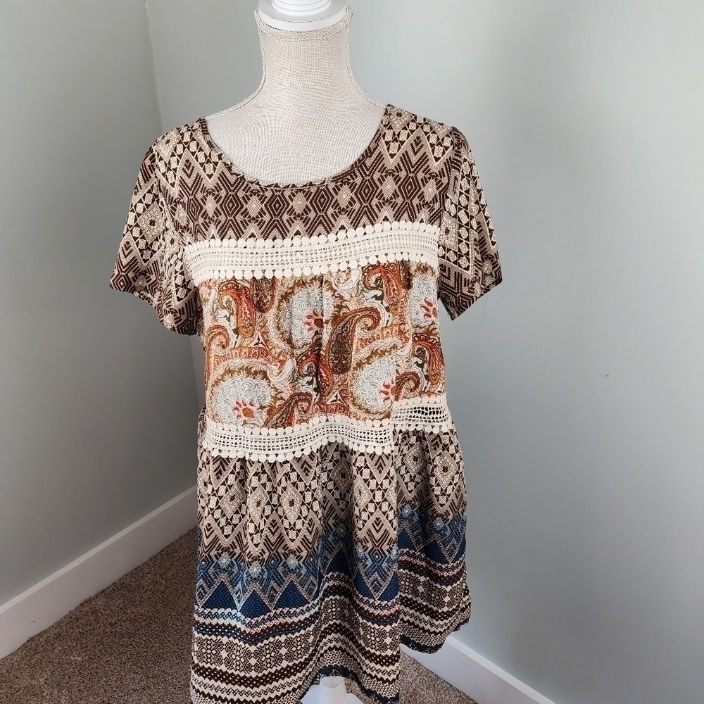 Umgee Mixed Print Floral Tunic Dress Multicolor Women's Babydoll Boho Size Small